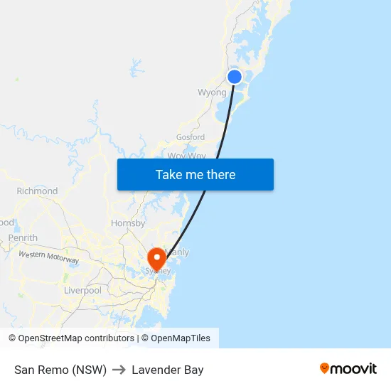 San Remo (NSW) to Lavender Bay map