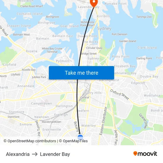 Alexandria to Lavender Bay map