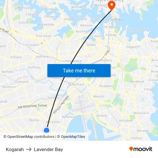 Kogarah to Lavender Bay map