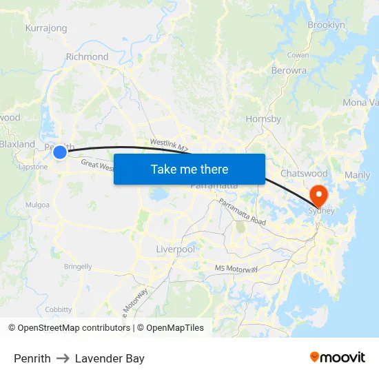 Penrith to Lavender Bay map