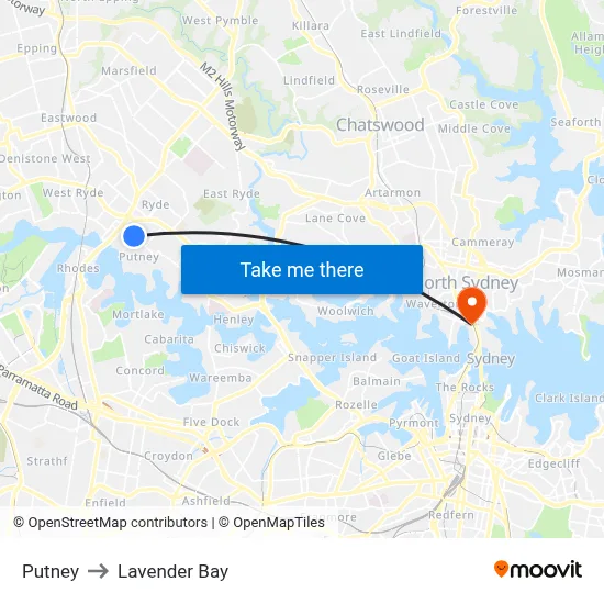Putney to Lavender Bay map