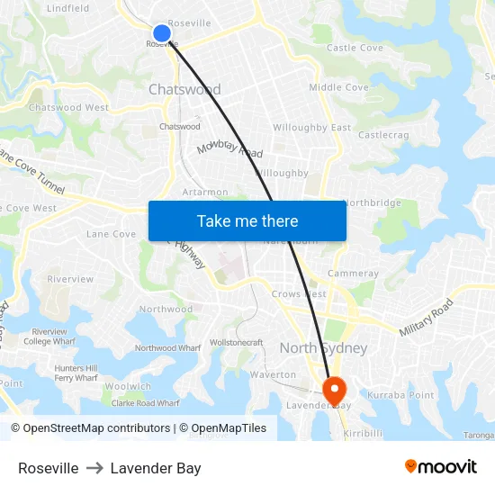 Roseville to Lavender Bay map