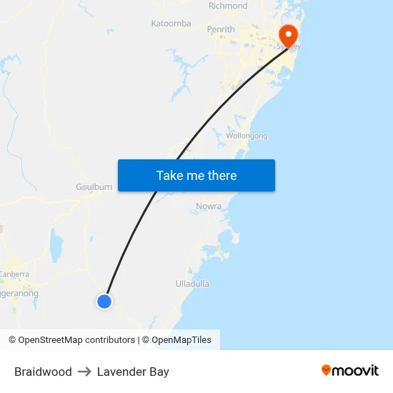 Braidwood to Lavender Bay map