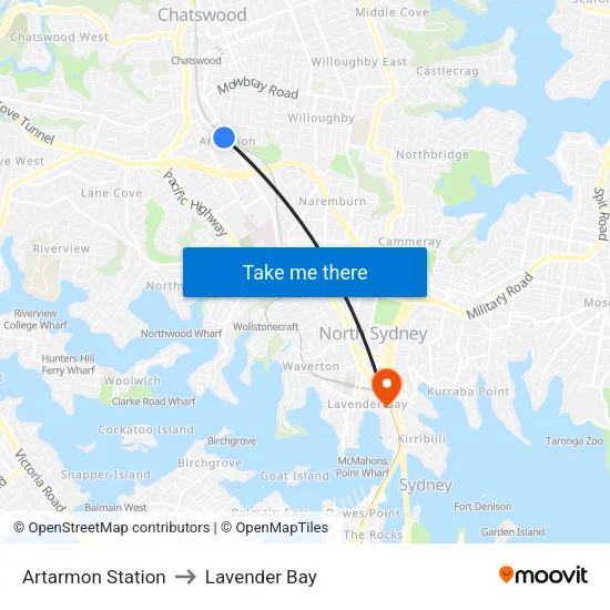 Artarmon Station to Lavender Bay map
