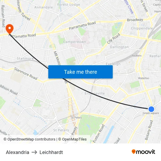 Alexandria to Leichhardt map