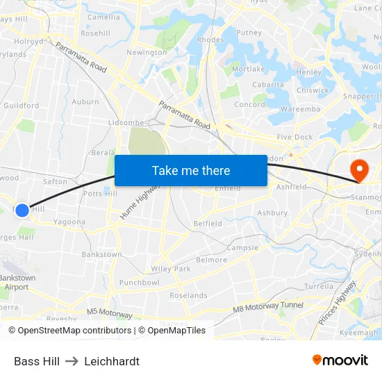 Bass Hill to Leichhardt map