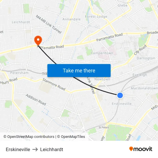 Erskineville to Leichhardt map