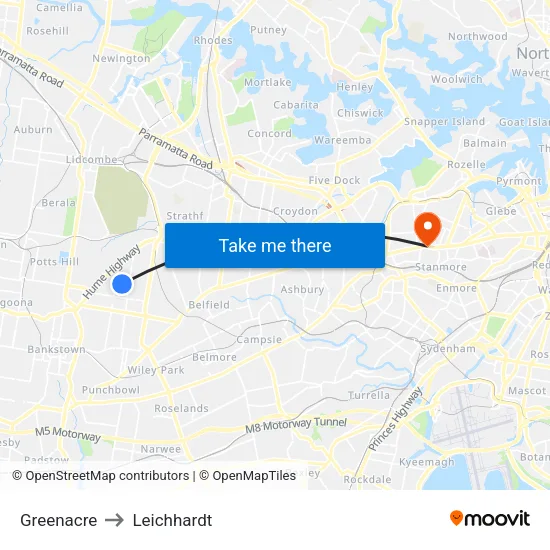 Greenacre to Leichhardt map