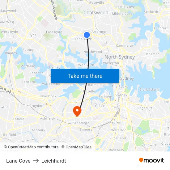 Lane Cove to Leichhardt map