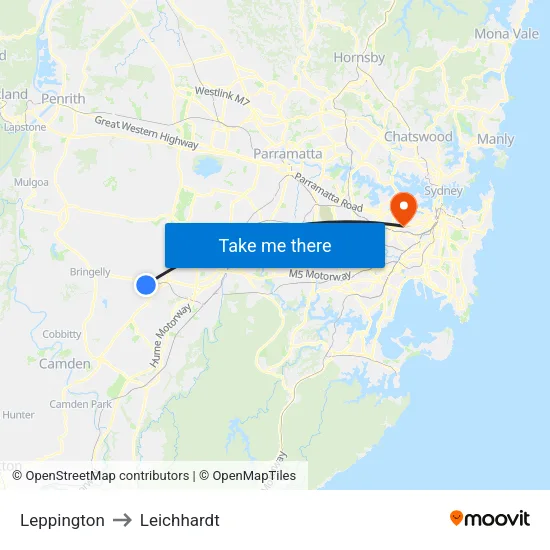 Leppington to Leichhardt map