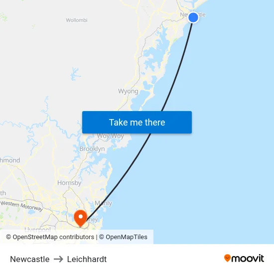 Newcastle to Leichhardt map