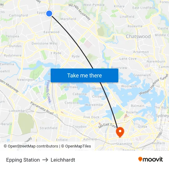Epping Station to Leichhardt map