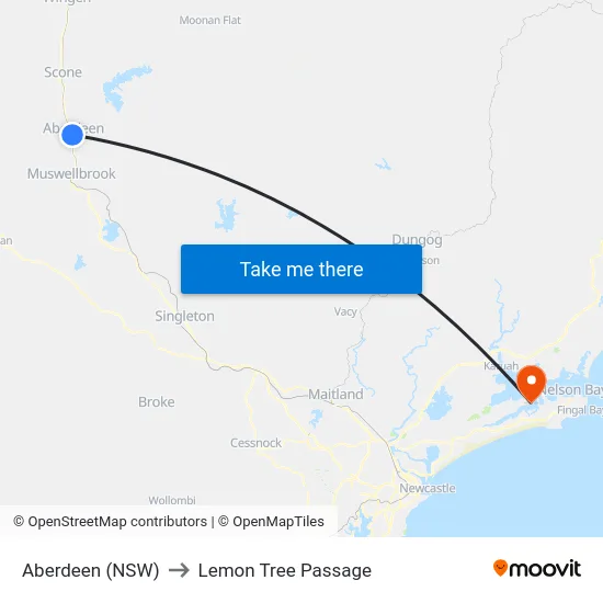 Aberdeen (NSW) to Lemon Tree Passage map
