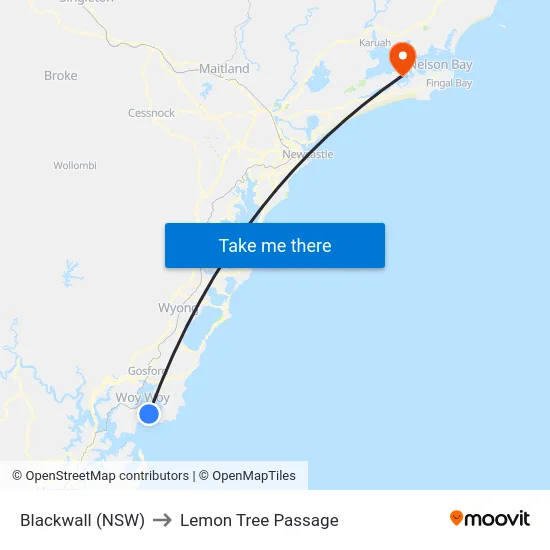 Blackwall (NSW) to Lemon Tree Passage map