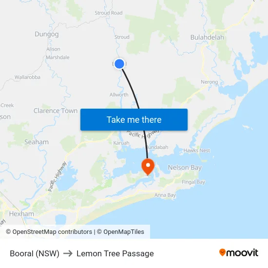 Booral (NSW) to Lemon Tree Passage map