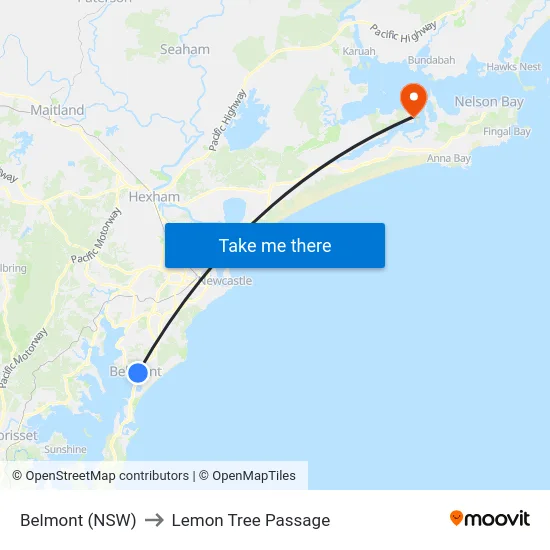 Belmont (NSW) to Lemon Tree Passage map