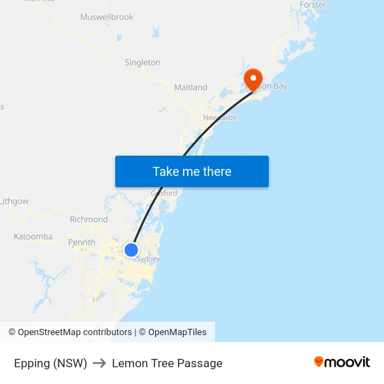 Epping (NSW) to Lemon Tree Passage map