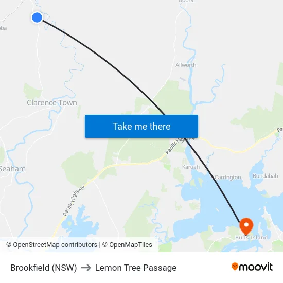 Brookfield (NSW) to Lemon Tree Passage map