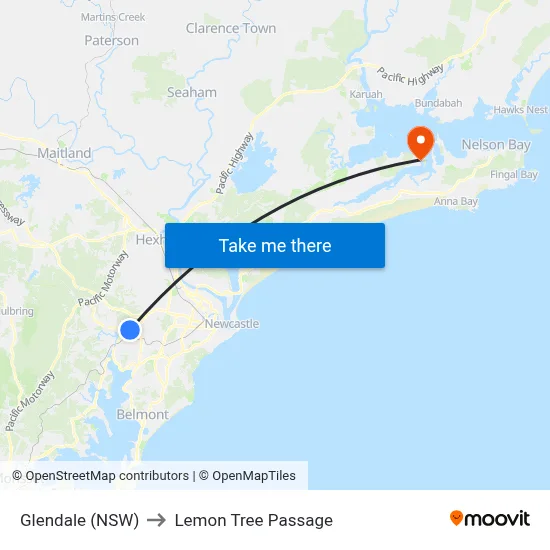 Glendale (NSW) to Lemon Tree Passage map