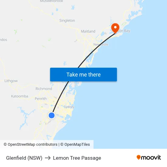Glenfield (NSW) to Lemon Tree Passage map