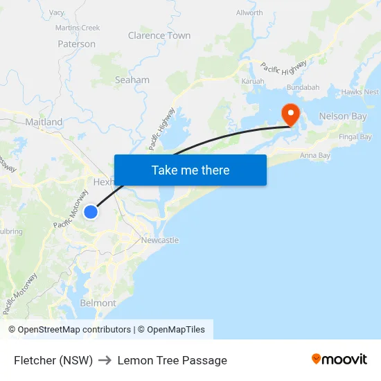 Fletcher (NSW) to Lemon Tree Passage map