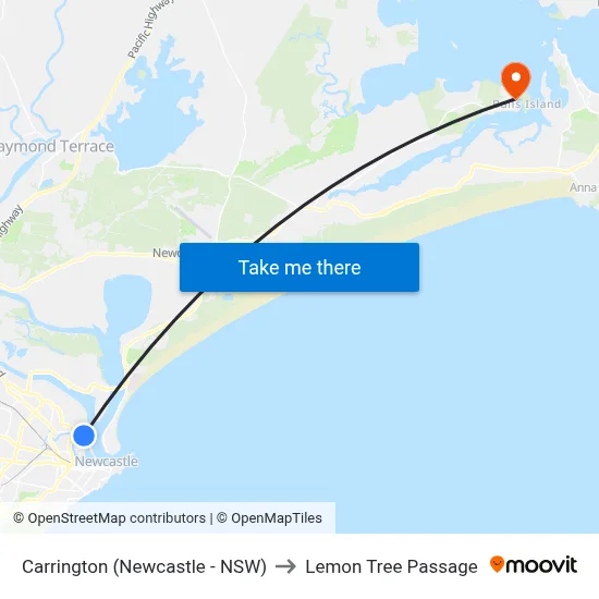 Carrington (Newcastle - NSW) to Lemon Tree Passage map