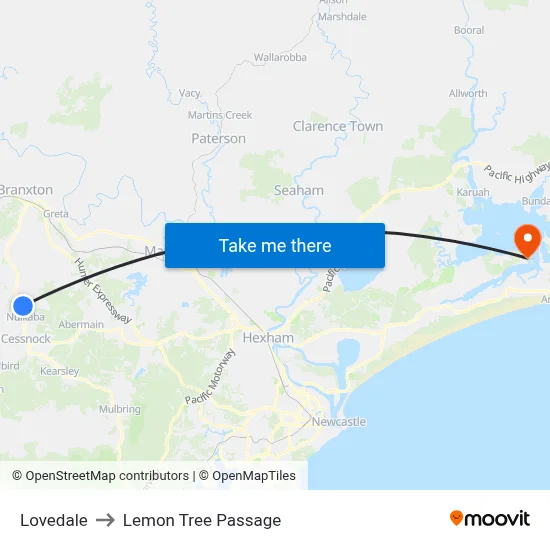 Lovedale to Lemon Tree Passage map