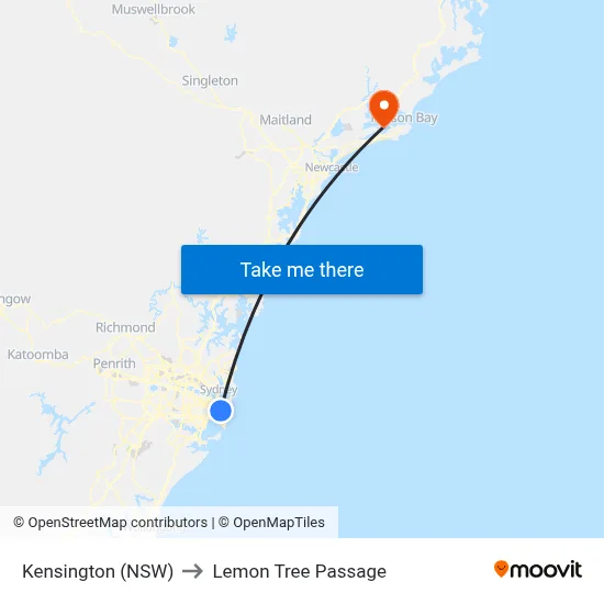 Kensington (NSW) to Lemon Tree Passage map