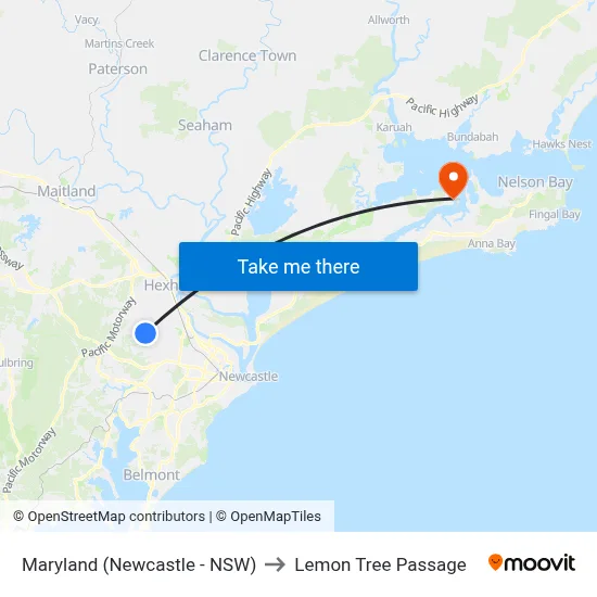 Maryland (Newcastle - NSW) to Lemon Tree Passage map