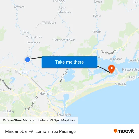 Mindaribba to Lemon Tree Passage map