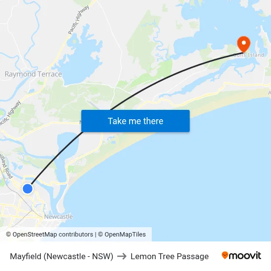 Mayfield (Newcastle - NSW) to Lemon Tree Passage map