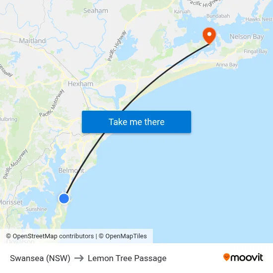 Swansea (NSW) to Lemon Tree Passage map