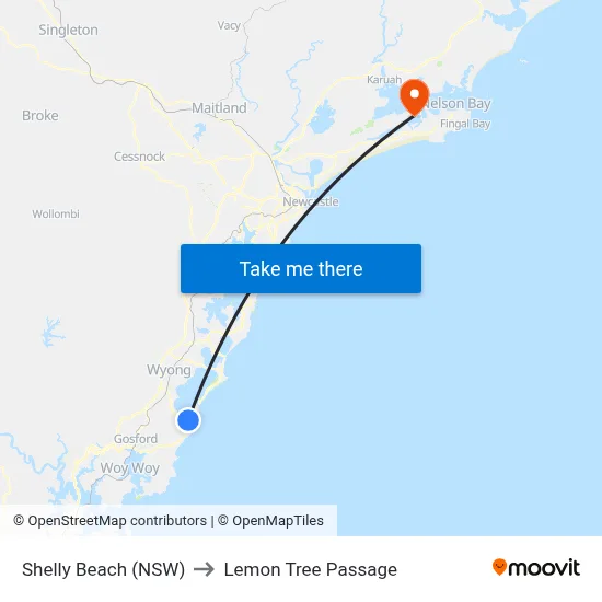 Shelly Beach (NSW) to Lemon Tree Passage map