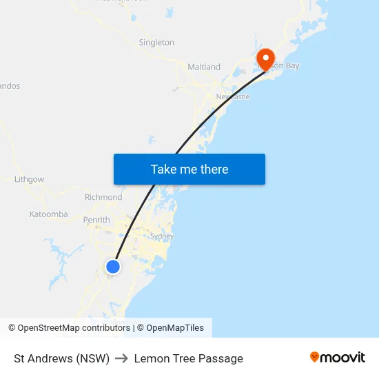 St Andrews (NSW) to Lemon Tree Passage map