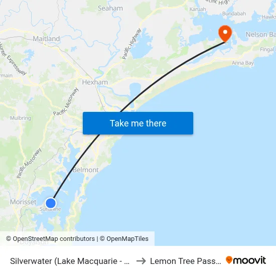 Silverwater (Lake Macquarie - NSW) to Lemon Tree Passage map