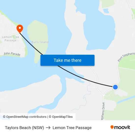 Taylors Beach (NSW) to Lemon Tree Passage map