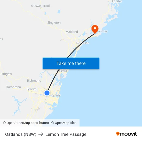 Oatlands (NSW) to Lemon Tree Passage map