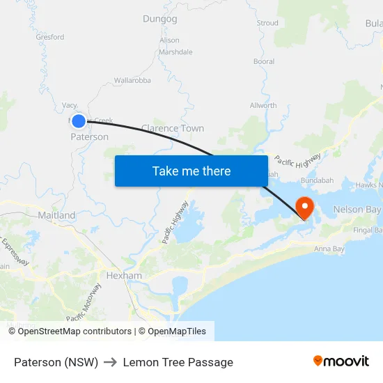 Paterson (NSW) to Lemon Tree Passage map