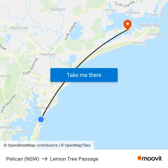 Pelican (NSW) to Lemon Tree Passage map