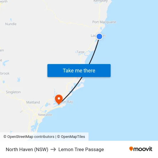 North Haven (NSW) to Lemon Tree Passage map