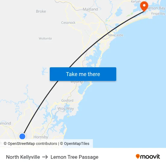 North Kellyville to Lemon Tree Passage map