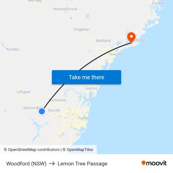 Woodford (NSW) to Lemon Tree Passage map