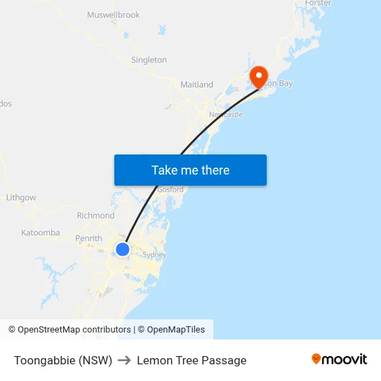 Toongabbie (NSW) to Lemon Tree Passage map