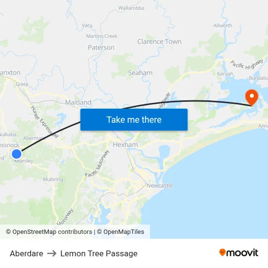 Aberdare to Lemon Tree Passage map