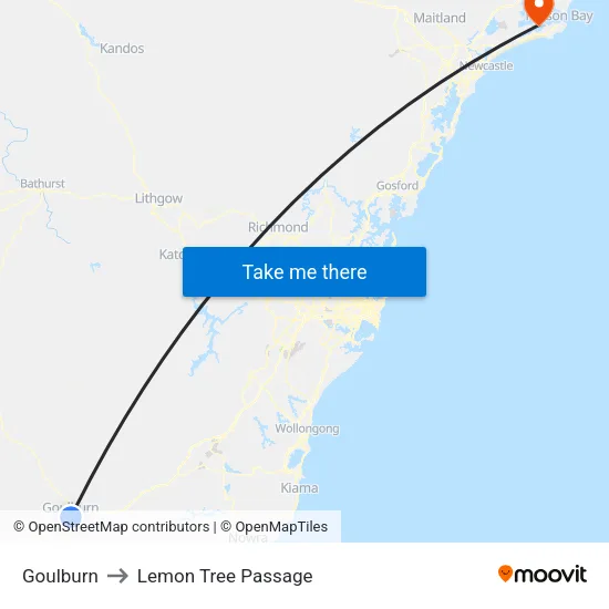 Goulburn to Lemon Tree Passage map