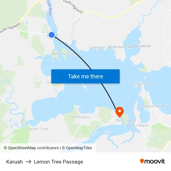 Karuah to Lemon Tree Passage map