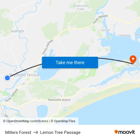 Millers Forest to Lemon Tree Passage map
