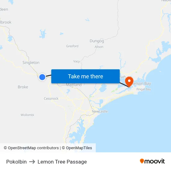 Pokolbin to Lemon Tree Passage map