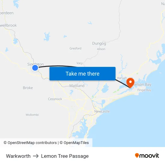 Warkworth to Lemon Tree Passage map