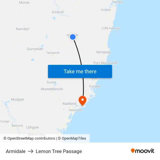Armidale to Lemon Tree Passage map